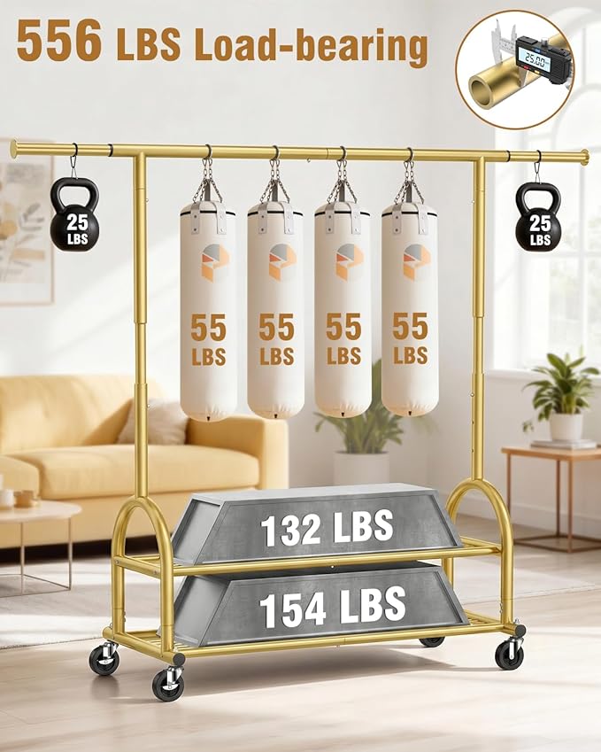 EAGMAK Heavy Duty Clothes Rack for Hanging Clothes Load 556 LBS, Height Adjustable Rolling Clothing Racks, Portable Metal Coat Rack Garment Wardrobe with Wheels and Shelves for Bedroom Laundry, Gold