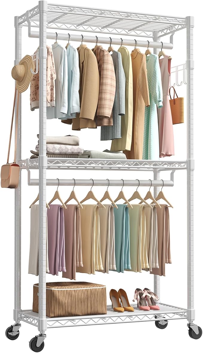 NEWBULIG Heavy Duty Adjustable Clothes Rack with Wheels, Adjustable Rolling Metal Freestanding Garment Closet Organizer with Double Rods & 2 Side Hooks for Hanging Clothes, 35" x 15" x 75", White