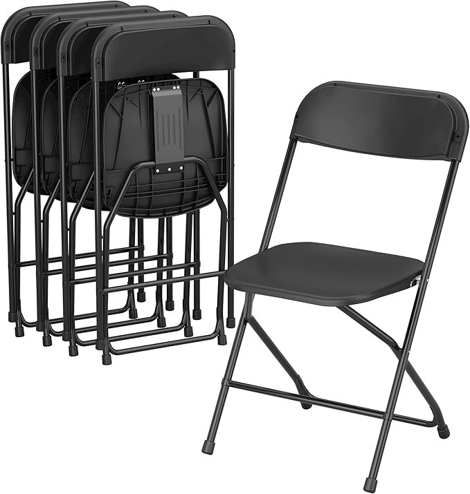 Allpop 4 Pack Plastic Folding Chair, 300lb Capacity, Portable Commercial Chair Seat with Steel Frame for Office Wedding Party Indoor Outdoor Events, Stackable, Black