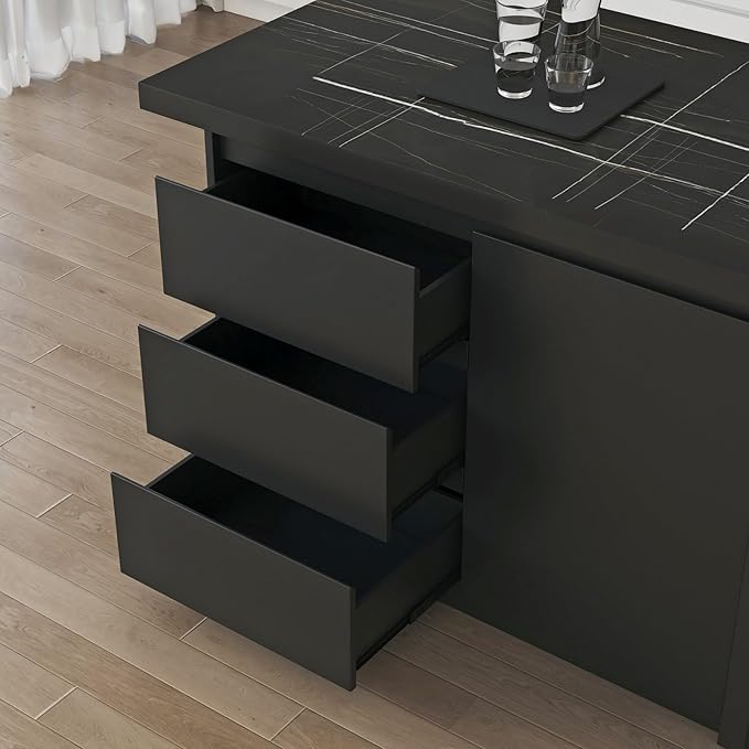 homary Kitchen Island with Storage & Wine Rack, 50" Modern Black Kitchen Cabinet with Wood Top, Large Fixed Island with 3 Drawers & 6 Adjustable Shelves