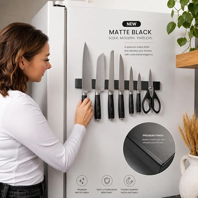 Magnetic Knife Holder 16 Inch Black for Wall or Fridge, 304 Stainless Steel Knife Strip, No Drill Adhesive Rack, Strong Magnetic Kitchen Organizer, Premium Gift by Pampavanna