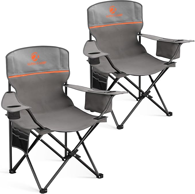ALPHA CAMP Camping Chairs 350LBS Capacity, Heavy Duty Folding Chair with 4-Can Cooler Bag, Portable Outdoor Chair with Cup Holder for Adults, Collapsible for Tailgating, Beach, Fishing