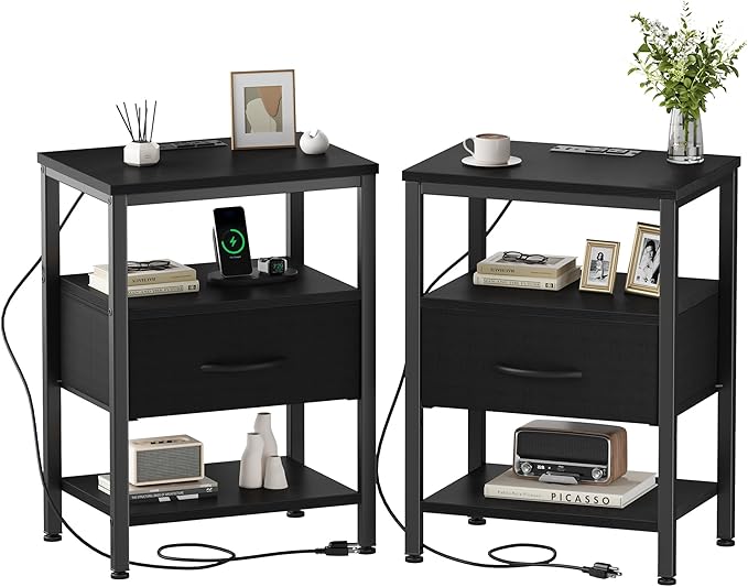 DUMOS Nightstand Set of 2 with Wireless Charging Station Bed Side Tables with Adjustable Fabric Drawers and 3 - Tier Storage End Tables Modern Design, Black