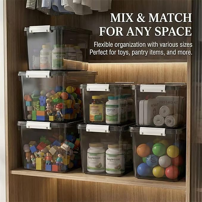Plastic Storage Bins with Lids, 2 Pack Mixed Sizes (7 Qt, 16 Qt) Clear Black with Lid Stackable Organizer Boxes with Latches for Closet, Pantry, Bathroom, Office