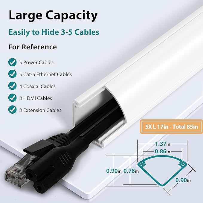 Corner Cable Concealer, 85-inch Cord Cover, Large Capacity Corner Duct, Paintable Cable Management Channel for Floor Baseboard, Ceiling, Wall - 5 X L 17in