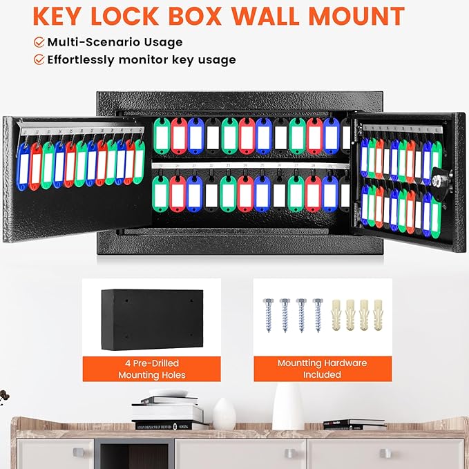 72 Keys Key Lock Box Wall Mount with 72 Numbered Hooks and 72 Colored Key Tags, Key Cabinet with Key Return Drop Slot, Key Storage Box for Home Hotel Office