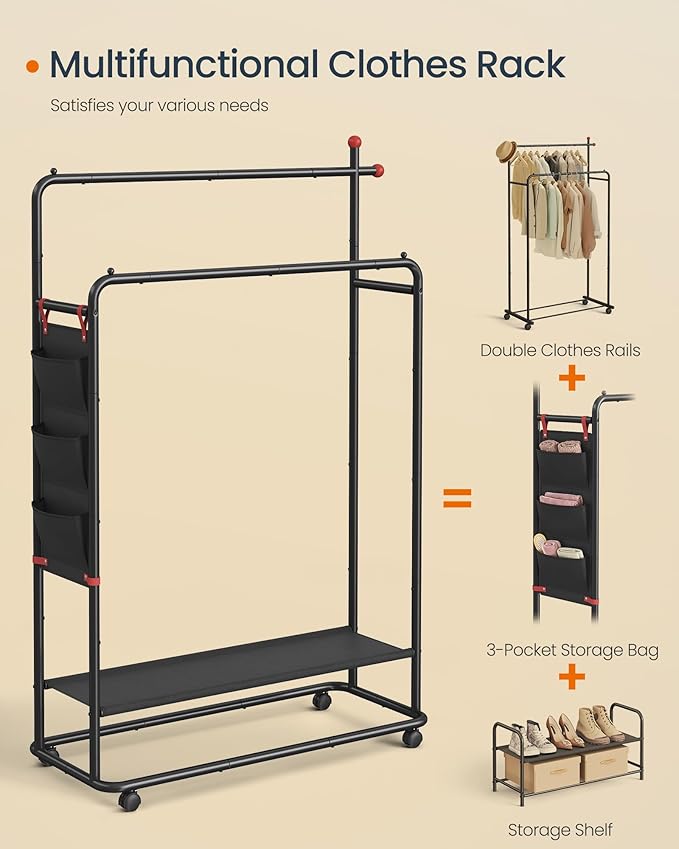 SONGMICS HOME Double-Rod Clothes Rack, Clothing Rack on Wheels, Portable Garment Rack, with 2 Clothes Hanging Rails, Fabric Shelf and Storage Bag, Matchstick-Shaped Hooks, Ink Black UHSR171B01