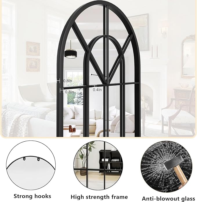 Dewfig Arch Wall Mirror Mounted Decorative, 30"x20", Arched Window Pane Mirror for Wall-Mounted for Entryway, Bathroom Vanity, Living Room or Bedroom, Iron Frame, Black