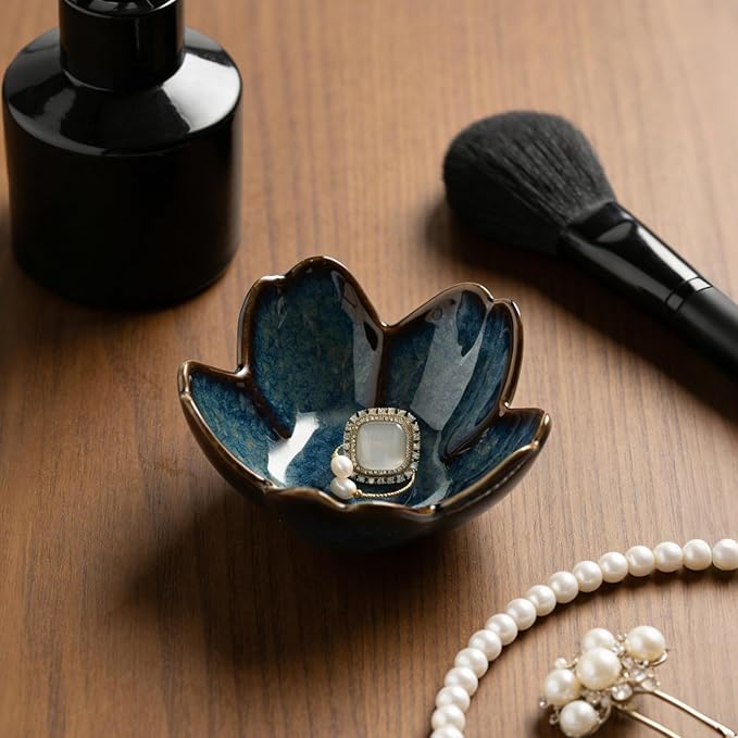 Mecaikru Flower Jewelry Tray Ceramic Ring Dish Jewelry Dish Small Trinket Tray Cute Ring Holder Key Bowl Decorative Plate Gifts For Mom/Sister/Friend, Birthday/Mother's Day/Christmas Gift (blue)