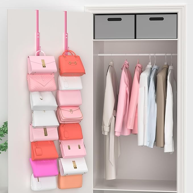 SWTYMIKI Over the Door Purse Organizer - 2 Packs Wall Mounted Purse Rack with 8 Hooks Design, Hanging Handbag Organizer Storage Holds up to 16 Bags, Bag Rack for Closet, Door(Pink)