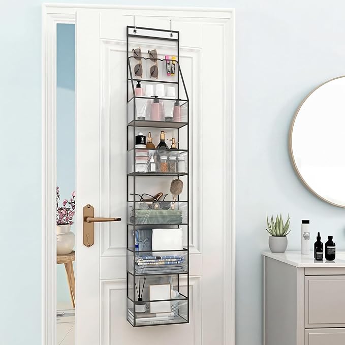 Fixwal 6-Shelf Over The Door Hanging Pantry Organizer Hanging Storage with Clear Plastic Pockets Behind The Door Storage Organizer with 3 Small PVC Pockets for Closet Bedroom Bathroom (Grey)