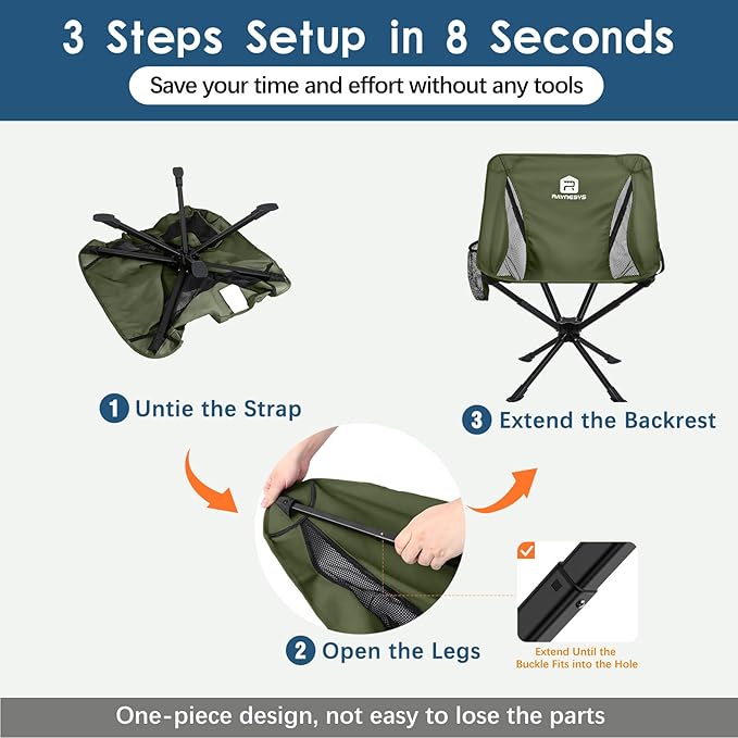 Raynesys 2 Pack Portable Camping Chair, Flexible 360° Rotation, 8 Seconds Quick Setup Folding Camping Chair, 3.8Lb Lightweight Travel Chairs for Easy Carry to Hiking, Sporting, Beach, Army Green