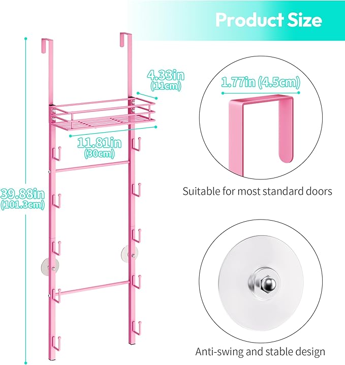 HapiRm Over the Door Purse Organizer - Wall Mounted Purse Rack with 10 Hooks and Metal Basket, Hanging Handbag Organizer Holds up to 10 Bags, Bag Rack Can Use As 1/2 Part, for Door, Closet (Pink)