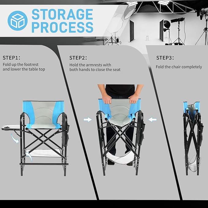 Outvita 26" Tall Directors Chair Height Seat Folding with Side Table Storage Bag, Support for 300Lbs Portable Makeup Artist Chair with Bar Height(Blue/Black)