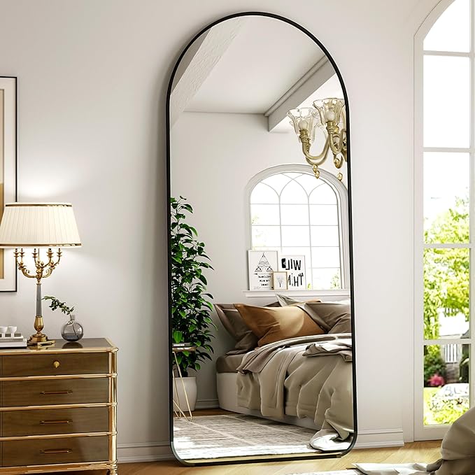 Arched Full Length Mirror 64"x 21" Floor Standing Body Mirror with Round Corner, Leaning Hanging for Bedroom Cloakroom Living Room Black