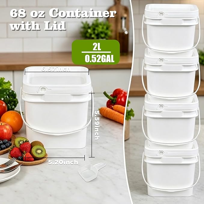 DEMORA 68oz Food Grade Square Plastic Bucket with Lid, Airtight Storage Container, Reusable Pail for Kitchen Food Water Ice Cream Household Use (White, 6Pcs)