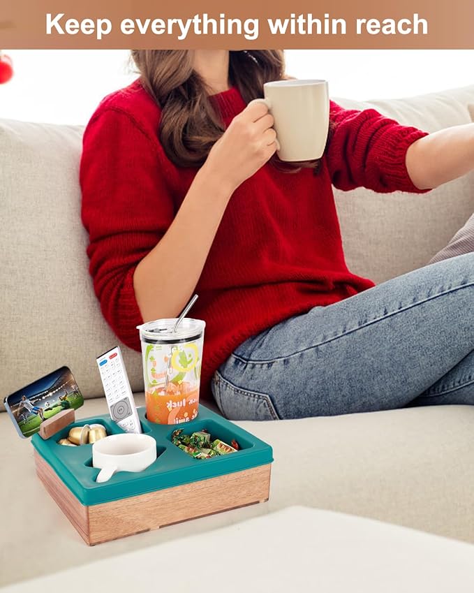 Couch Cup Holder Tray, Silicone Wooden Couch Caddy with Cup Holder for Snacks, Drinks, Remotes, Waterproof Cup Holder for Couch, Organizer, Couch Drink Holder