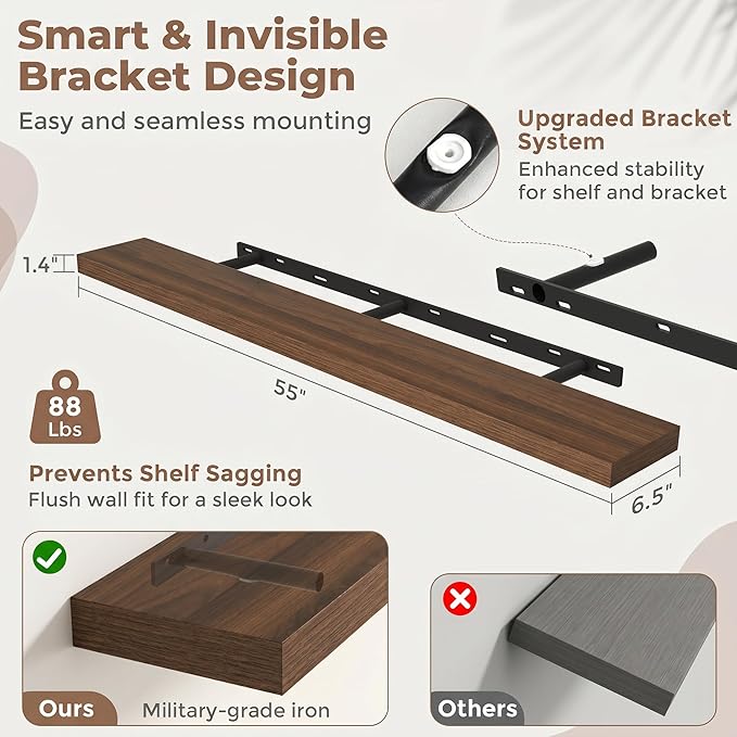 Venusmiles Floating Shelves for Wall, 55 Inch Floating Shelves Set of 1, 6.5" D Wooden Wall Mounted Display Shelves with Invisible Brackets for Living Room, Bedroom, Bathroom, Kitchen Decor, Walnut