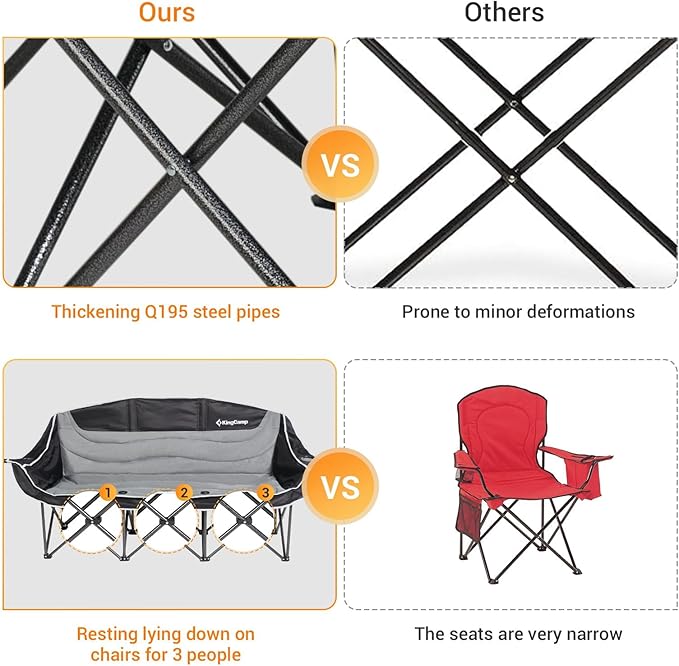 KingCamp 3 Person Camping Chair, Oversized 1100lbs Heavy Duty Loveseat for Adults Portable Folding XL 2 Person Couch Padded Comfortable Three Seat with Cup Holder for Outdoor Lawn Backyard, Green/Grey