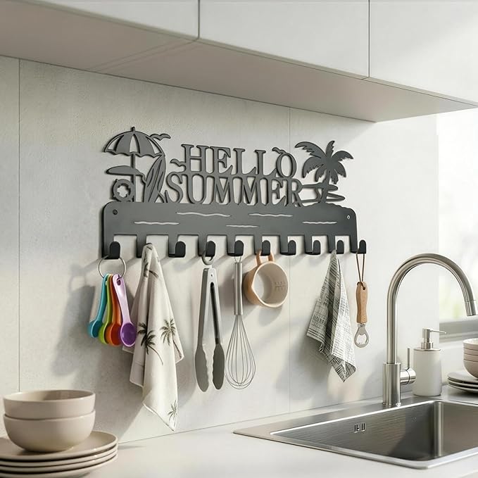 Metal Key Holder Wall Mount, Coastal Tropical Key Rack Hooks, Hello Summer Beach Wall Art Organizer for Entryway, Kitchen, Hallway, Garage, Farmhouse Home Decor & Housewarming Gift (Hello Summer)