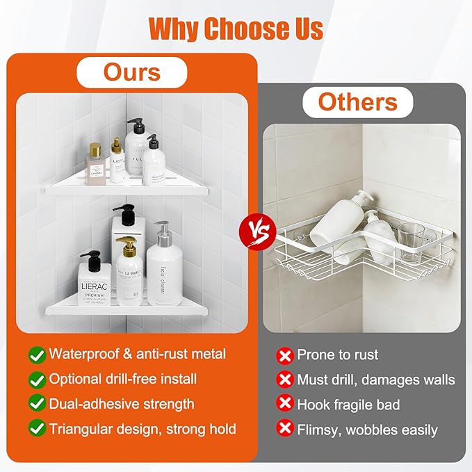 Fikoksol Shower Caddy, 2 Pack Bathroom Corner Shelf, Triangle Shelf Storage for Bathroom Shower, White Metal Shower Shelf & Rustproof Wall Mounted Adheisve Glue Organizer Accessories and Essentials