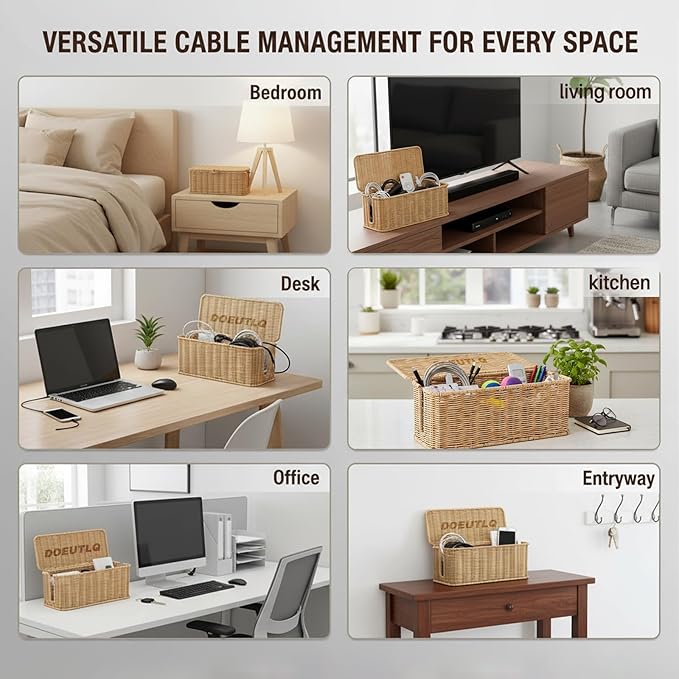 Desk Organizer Decorative Rattan Decor Countertop Cable Management Box Charging Station for Appliances Cord Hider Office Storage Router with Lid Under Wire Tech Basket Extension Phone Cute Handmade