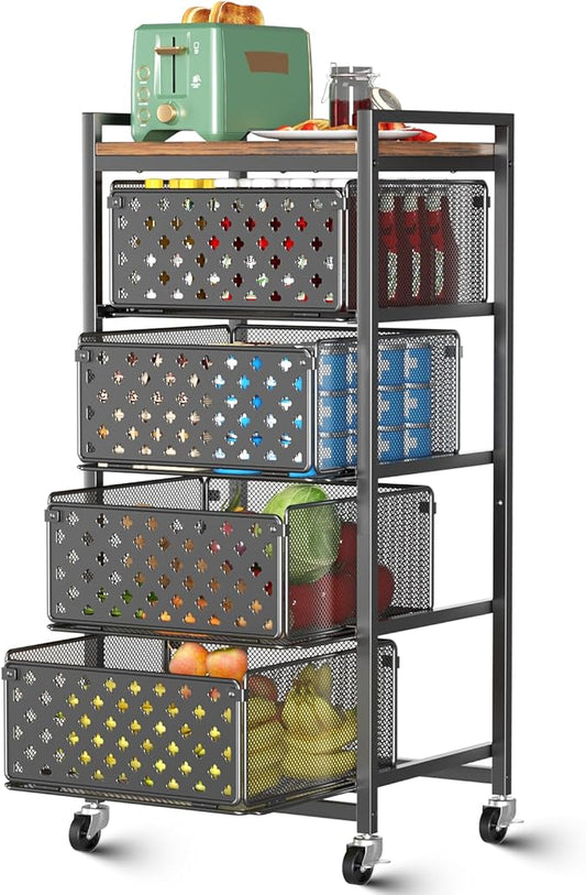 5 Tier Kitchen Storage Cart with Wheels, Utility Fruit Vegetable Storage Rack Stand with Pull-Out Baskets & Wood Top, Metal 4-Drawers Rolling Snack Cart, Kitchen Cart for Potato Onion(Black)