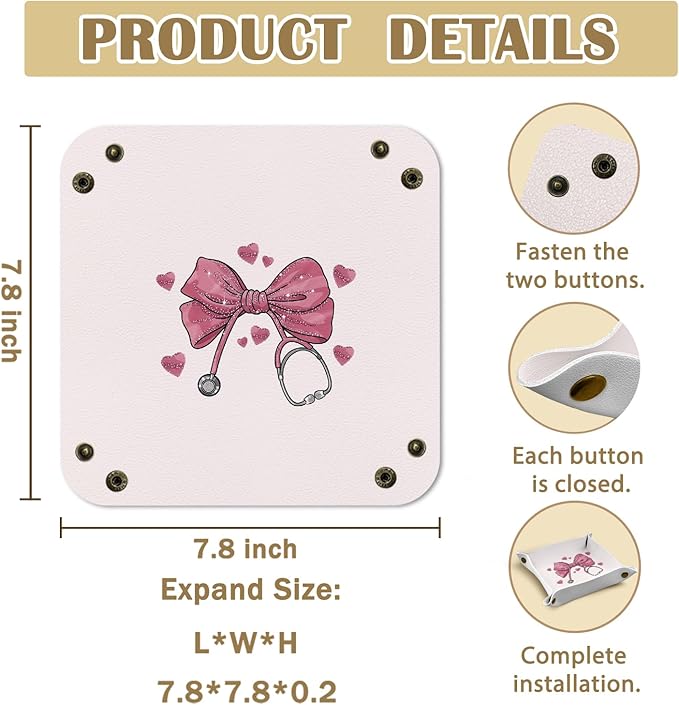 Nurse Gifts for Women,Nurse Graduation Gifts,Pink Bow Nursing Gift for Student or Practitioner PU Leather Catchall Tray,Jewelry, Keys, Watch, and Accessories Organizer 7.87x7.87in