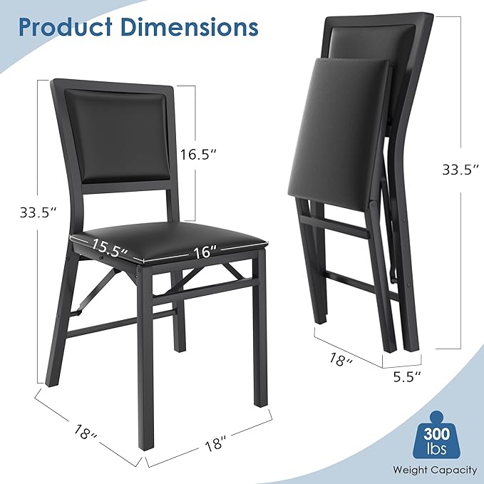 VECELO Folding Chairs Set of 2 with Cushion, Foldable Padded Seats with Heavy Duty Metal Frame for Kitchen/Dining/Living Room, No Assembly & Space Saving Design, Black