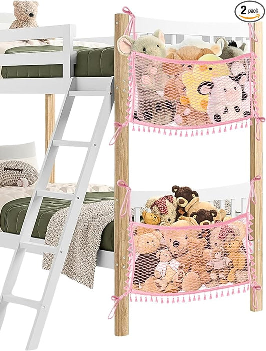 2 Pack Stuffed Animal Hammock, Bedside Stuffed Animal Storage Net Corner - Kids Nursery Wall Bedroom Home Decor, Cotton Bedside Toy Organizer Net with Tether, Stretches up to 36 In, Pink