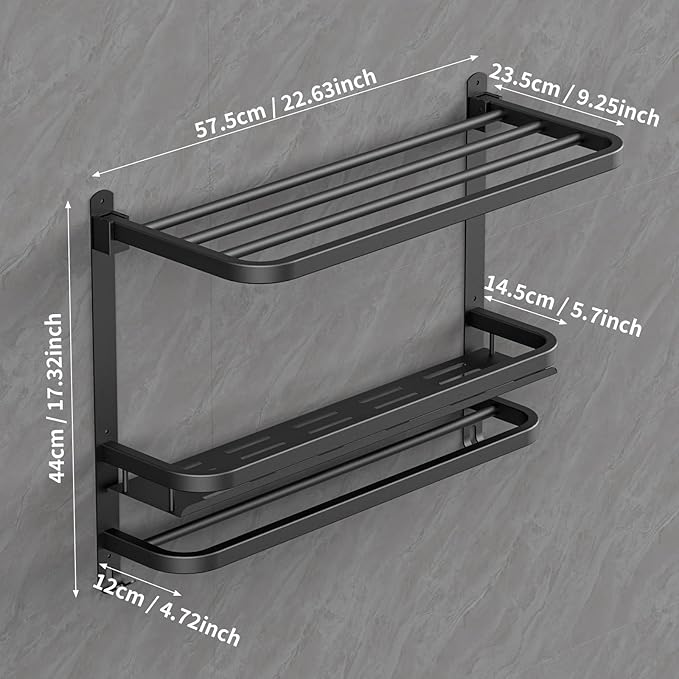CAXIMSY 22.8Inch Towel Rack for Bathroom and Lavatory Towel Hanger with Wall Mount Towel Bars 304 Stainless Steel No Drill (Collapsible Black Towel Rack with Bathroom Organize Shower Shelves)