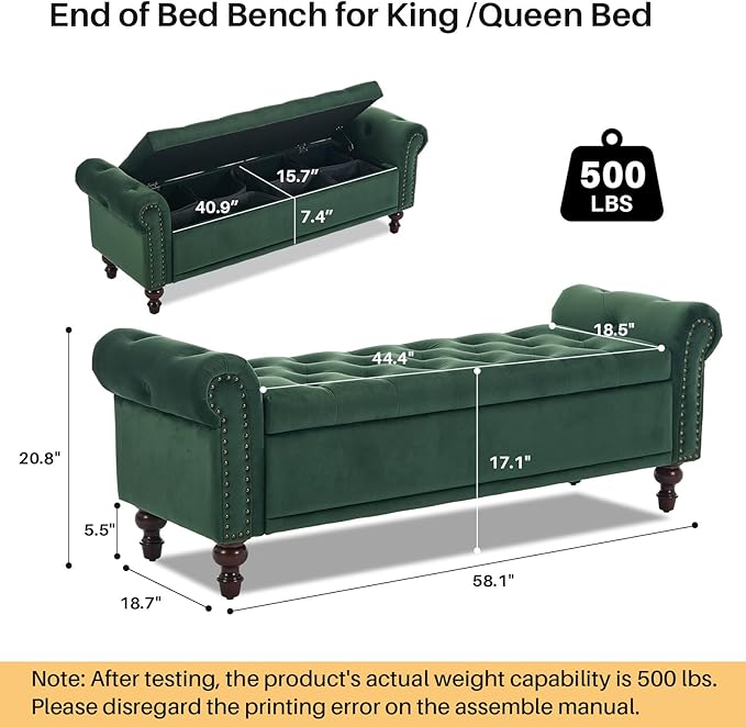 SOFTHION 58.1" Storage Bench Upholstered Velvet End of Bedroom Bed Bench Ottoman with Tufted Cushioned Rolled Arm Large Storage Space for Reading Living Room Entryway,Dark Green