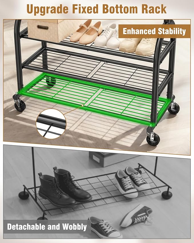 EAGMAK Heavy Duty Clothes Rack for Hanging Clothes Load 688 LBS, Height Adjustable Rolling Clothing Racks, Portable Metal Coat Rack Garment Wardrobe with Wheels and 3 Shelves for Bedroom, Black