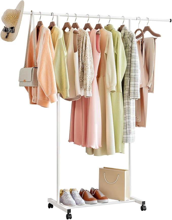 SUOERNUO Clothes Rack with Wheels Rolling Clothing Rack for Hanging Clothes, Portable Metal Garment Rack for Bedroom Laundry Living Room (White, 59.05"*15.75"*59.45")