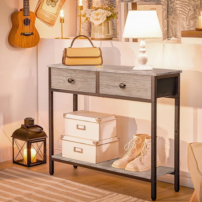 HOOBRO 29.5" Narrow Console Table with 2 Fabric Drawers, Small Entryway Table with 2-Tier Storage Shelves, Sofa Table, Behind Couch Table, for Living Room, Hallway, Greige and Black BG71XG01