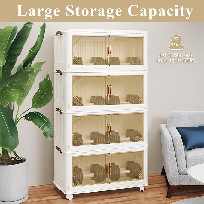 Storage Bins with Lid, 120 Gal/480 Qt Capacity, 4 Pack Large Stackable Storage Bins with Lid, White Collapsible Lidded Bins with Wheels, Customizable, Foldable, for Home Organization