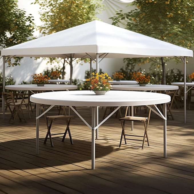 PRO&Family Commercial Round Folding Table, White Top, Powder-Coated Steel Frame, High-Impact Polyethylene Construction, Perfect for Wedding, Party, Shool, Church. (9, 72")