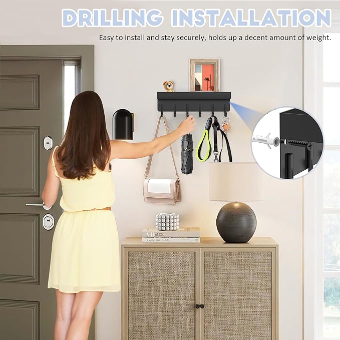 Magnetic Key Holder, Small Wall Mount Key Rack with Shelf for Fridge, 6 Metal Hooks, 9.65 Inch, 2 Installation Options, Black