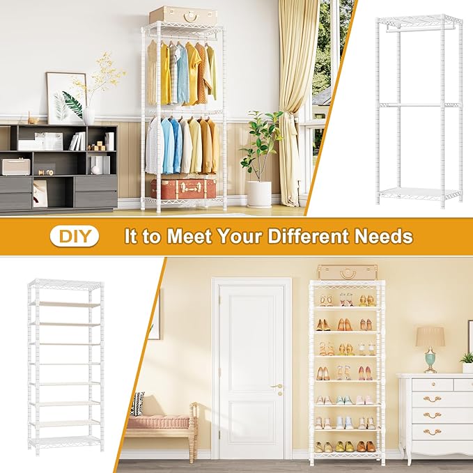 ULIFHOME E16 Heavy Duty Clothing Rack（With 7-Tier Adjustable Shoe Rack） Freestanding Clothes Rack for Hanging Clothes，Metal Closet Storage Organizer Large Wardrobe，69'' W x 15.8'' D x 76.2'' H，White