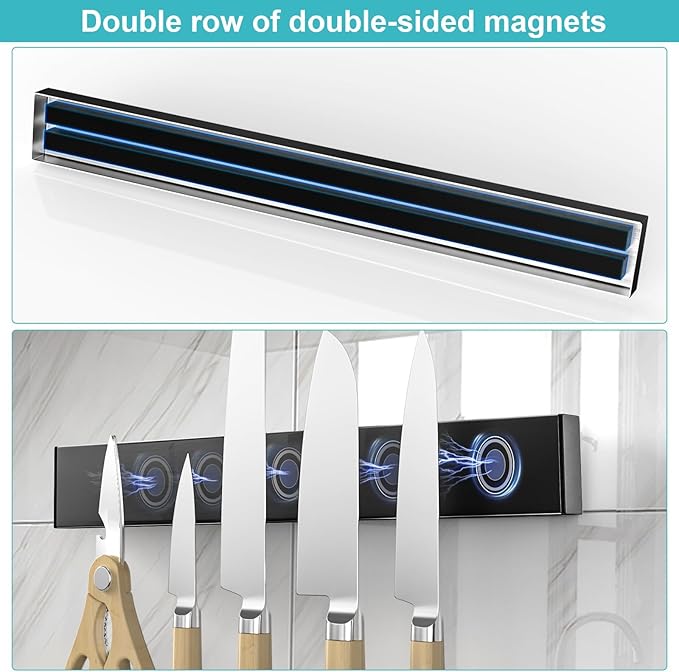 Magnetic Knife Holder for Wall with 3 Hooks, No Drilling Magnetic Knife Strip Adhesive Knife Holder Magnet Knife Bar, Wall Mount Knife Rack Block Metal Tool Holder for RV Kitchen Organization, 10 Inch