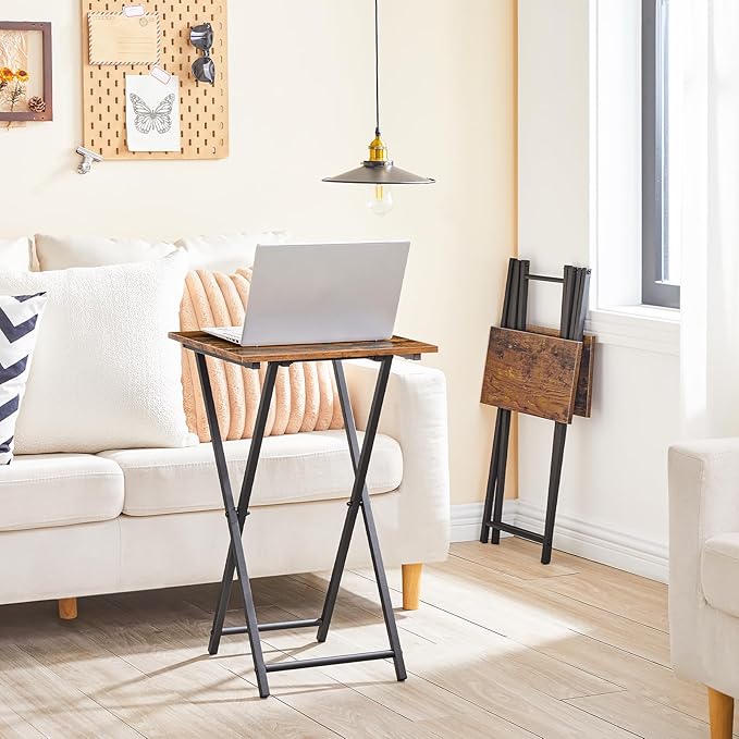 HOOBRO Folding TV Tray Table, Wooden TV Tray, Portable Sofa Side Table, Industrial Snack Table End Table for Small Spaces, Space-Saving, Easy to Install and Fold, Rustic Brown and Black BF27BZ01