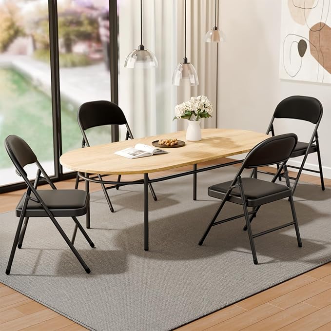 Folding Chairs 4 Pack, Leather Padded Folding Chairs, Sturdy Metal Foldable Chairs, Easy to Use and Store, Outdoor and Indoor, for Home, Office, Party, Card, Black