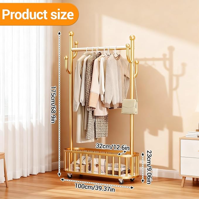 Takywep Rolling Clothing Rack with Wheels and Basket Storage – Metal Moveable Garment Rack, Heavy-Duty Coat Rack for Hanging Clothes, Bedroom, Boutique, Laundry Room