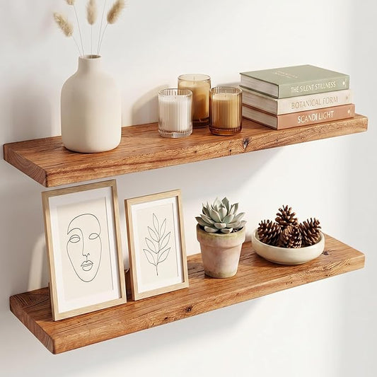 40 Inch Floating Shelves, Solid Wood Wall Shelves, 8 Inch Deep Floating Shelf – for Bathroom, Bedroom, Living Room, Kitchen, Home Decor & Storage, Heavy-Duty Wooden Shelf Wall-Mounted, Set of 2