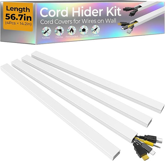 56.7in Cable Hider Cord Hider, Wire Covers for 2-4 Cords on Wall, Premium Cord Covers for Wires on Wall, Easy Set-up Wire Hider to Hide Tv Wires, Lamp, Speaker Cords, W0.95 H0.55in, White
