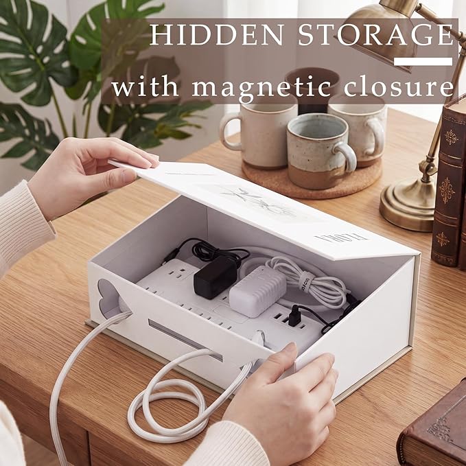Maitys Book Shape Decorative Cable Management Box, Cable Cord Organizer Hider Box with Magnetic Closure, Decorative Faux Books for Home Office Decor Photo Storage(Beige,Flower)