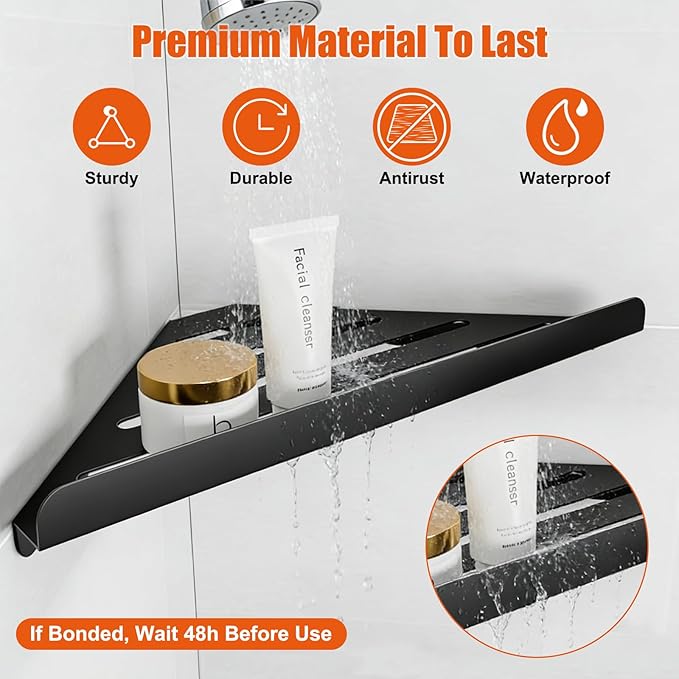 Fikoksol Shower Caddy, 2 Pack Bathroom Corner Shelf, Triangle Shelf Storage for Bathroom Shower, Black Metal Shower Shelf & Rustproof Wall Mounted Adheisve Glue Organizer Accessories and Essentials