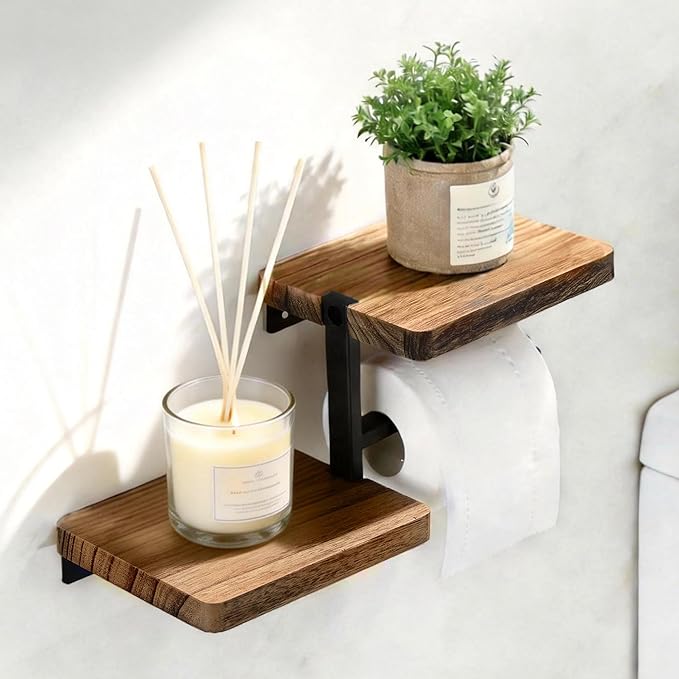 YIGII Toilet Paper Holder with Shelf - Self Adhesive Wooden Tissue Paper Roll Holder, Bathroom Wall Mounted Toilet Paper Roll Holder with Wipes Storage