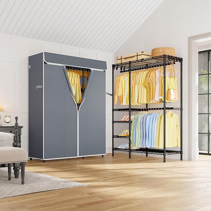 ULIFHOME F2C Clothes Rack with Cover, Clothing Racks for Hanging Clothes, Heavy Duty Garment Rack with Shelves and Hanger Rods, Black Closet with Gray Cover, 47.2" W x 16.5" D x 78.3" H, Load 630lbs