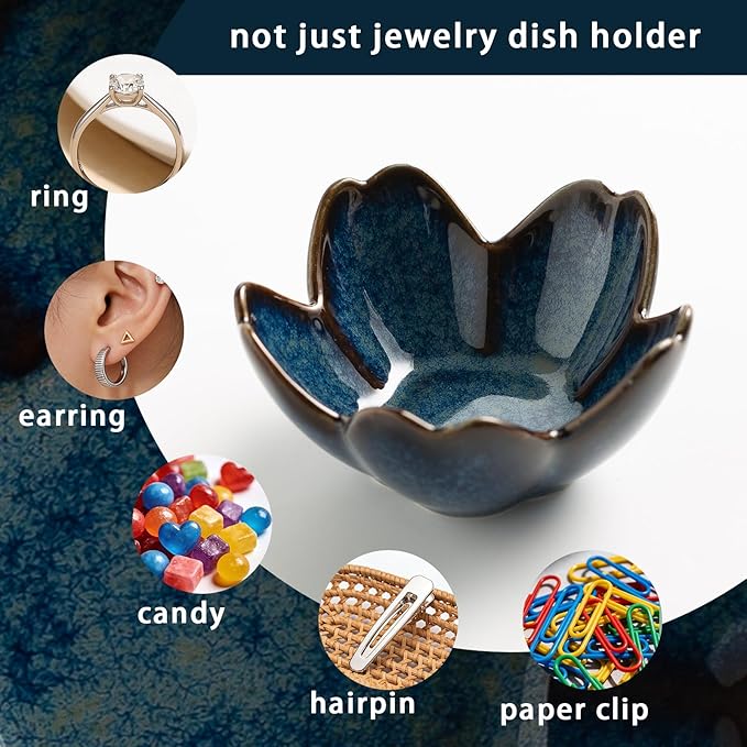 Mecaikru Flower Jewelry Tray Ceramic Ring Dish Jewelry Dish Small Trinket Tray Cute Ring Holder Key Bowl Decorative Plate Gifts For Mom/Sister/Friend, Birthday/Mother's Day/Christmas Gift (blue)